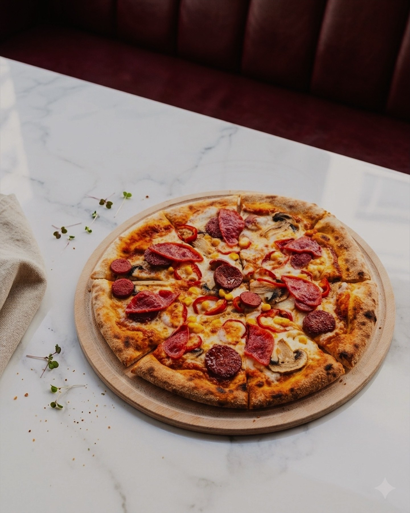 Mermer masa üzerinde sucuklu pizza çekimi
